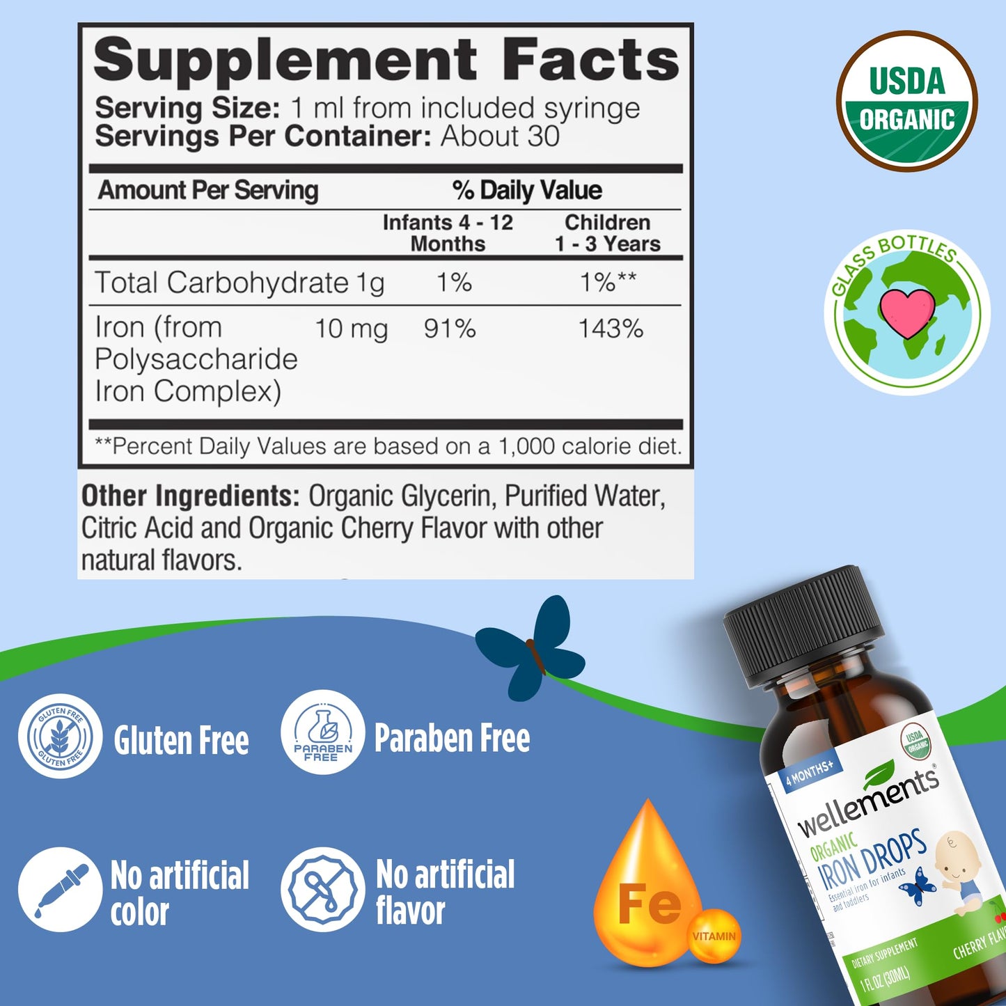 Wellements Organic Iron Drops for Newborn+ Babies (1 Fl Oz) - Cherry Flavor Liquid Iron Supplement for Infants - Toddler Iron Supplement for Kids (4months+ to 3 Years) - Maple Wellness Supplements