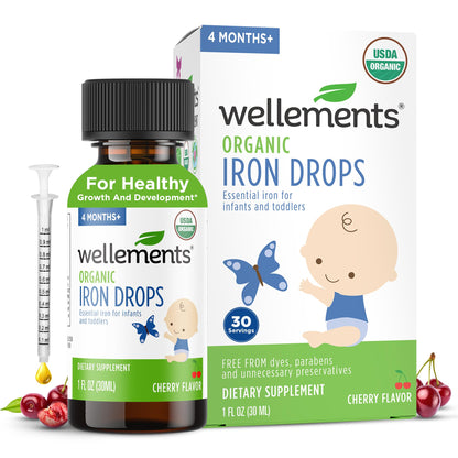 Wellements Organic Iron Drops for Newborn+ Babies (1 Fl Oz) - Cherry Flavor Liquid Iron Supplement for Infants - Toddler Iron Supplement for Kids (4months+ to 3 Years) - Maple Wellness Supplements