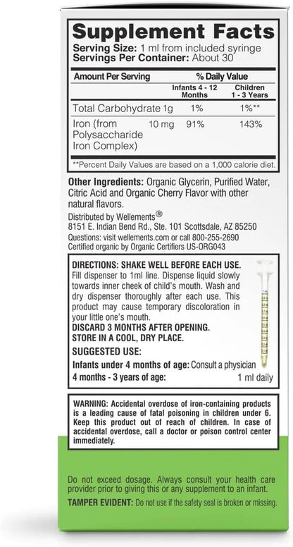 Wellements Organic Iron Drops for Newborn+ Babies (1 Fl Oz) - Cherry Flavor Liquid Iron Supplement for Infants - Toddler Iron Supplement for Kids (4months+ to 3 Years) - Maple Wellness Supplements