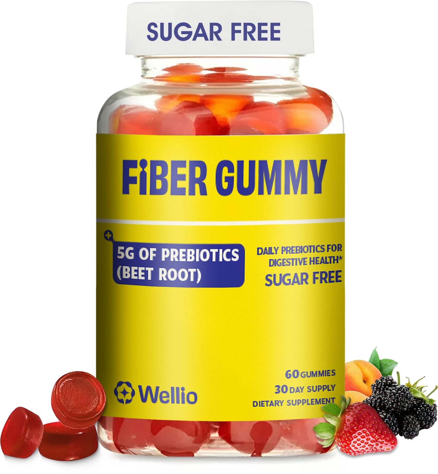 Wellio Fiber Gummies for Adults – Sugar Free Prebiotic Fiber Supplement with FOS, & Digestive Support – 5g Natural Fiber per Serving – Non-Stick Fruit Flavor – 60 Count – Made in USA - Maple Wellness Supplements