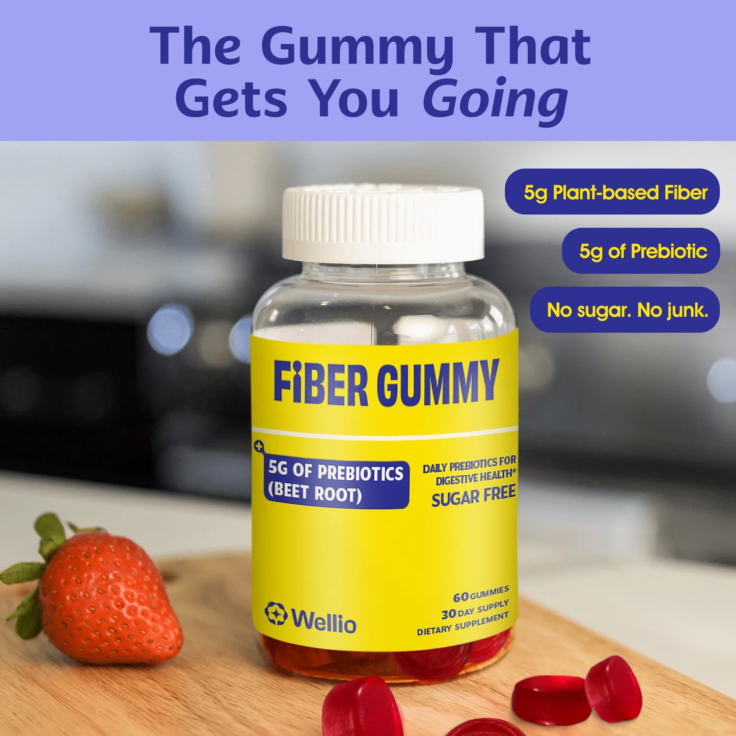 Wellio Fiber Gummies for Adults – Sugar Free Prebiotic Fiber Supplement with FOS, & Digestive Support – 5g Natural Fiber per Serving – Non-Stick Fruit Flavor – 60 Count – Made in USA - Maple Wellness Supplements