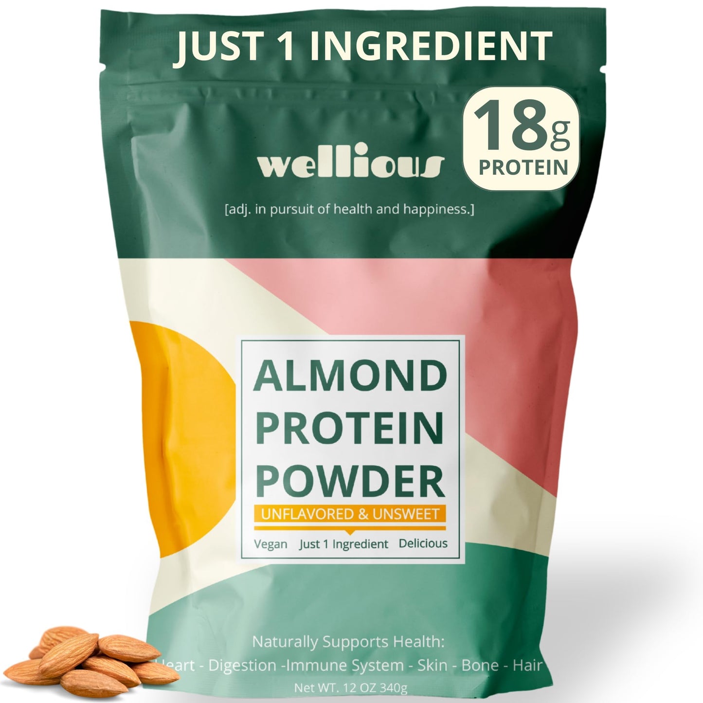 wellious Almond Protein Powder (Unflavored, Unsweetened) - 18 Grams of Pure Healthiest Vegan Protein for Women & Men | Soy-Free & Gut Friendly Protein - Maple Wellness Supplements