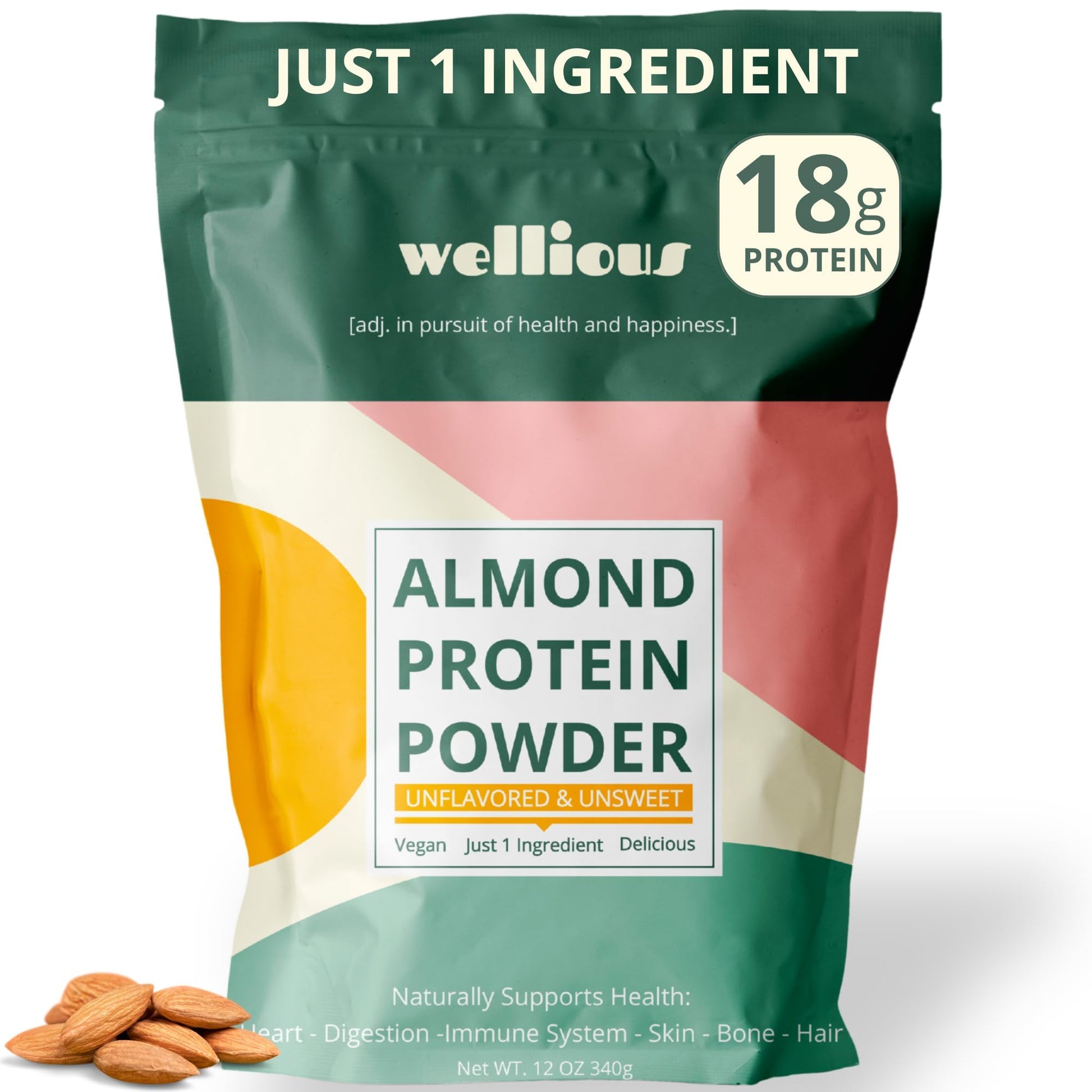 wellious Almond Protein Powder (Unflavored, Unsweetened) - 18 Grams of Pure Healthiest Vegan Protein for Women & Men | Soy-Free & Gut Friendly Protein - Maple Wellness Supplements