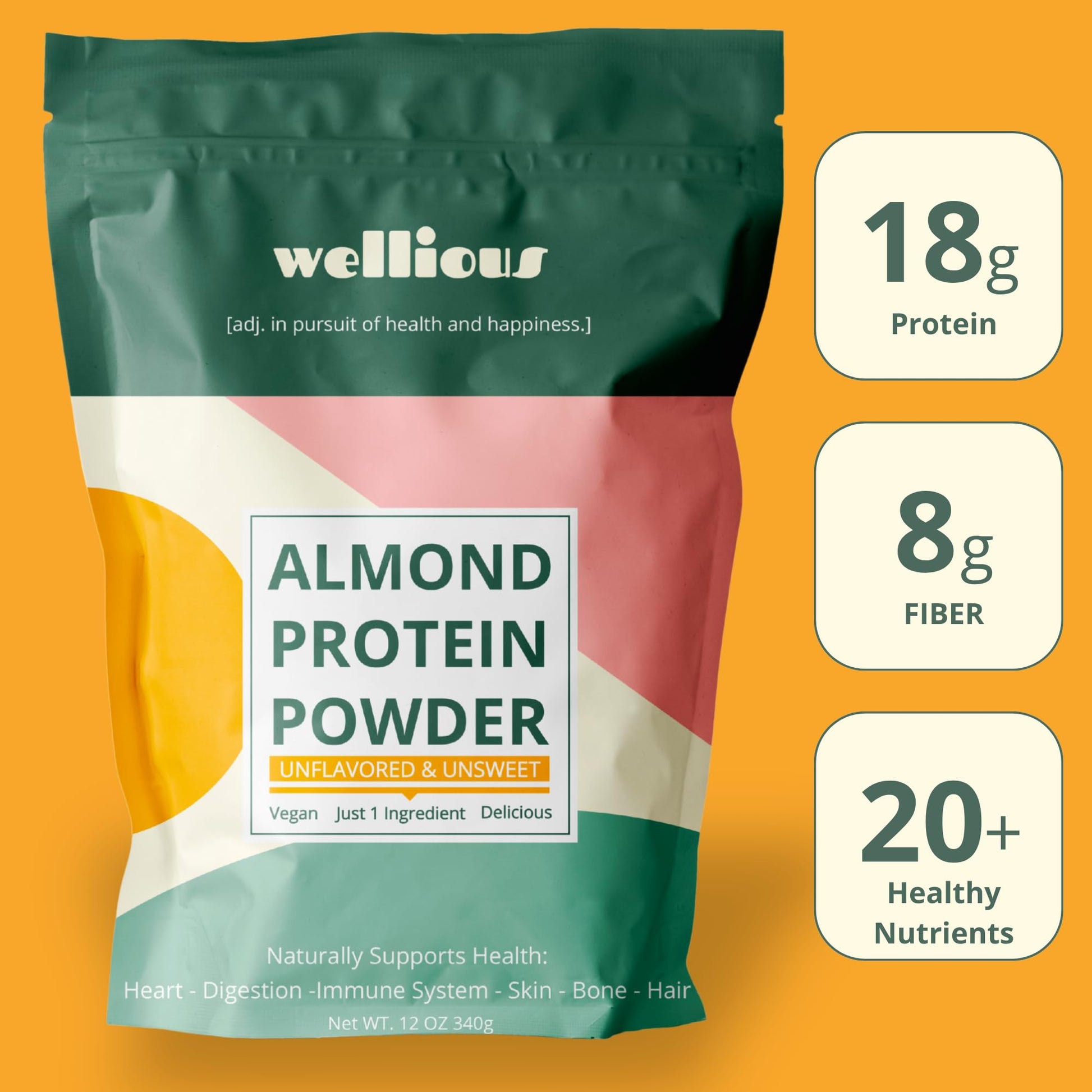 wellious Almond Protein Powder (Unflavored, Unsweetened) - 18 Grams of Pure Healthiest Vegan Protein for Women & Men | Soy-Free & Gut Friendly Protein - Maple Wellness Supplements