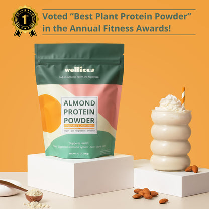 wellious Almond Protein Powder (Unflavored, Unsweetened) - 18 Grams of Pure Healthiest Vegan Protein for Women & Men | Soy-Free & Gut Friendly Protein - Maple Wellness Supplements