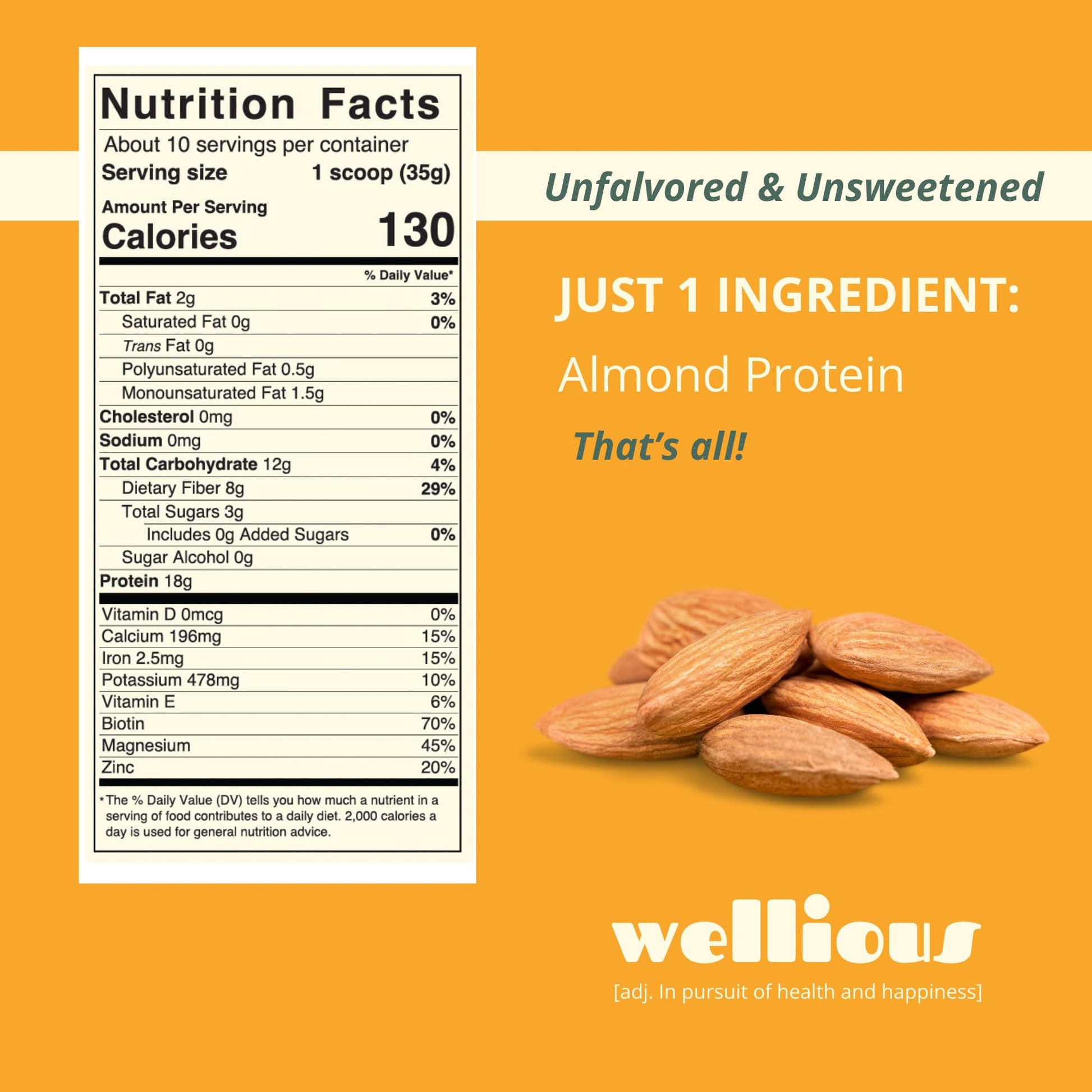 wellious Almond Protein Powder (Unflavored, Unsweetened) - 18 Grams of Pure Healthiest Vegan Protein for Women & Men | Soy-Free & Gut Friendly Protein - Maple Wellness Supplements