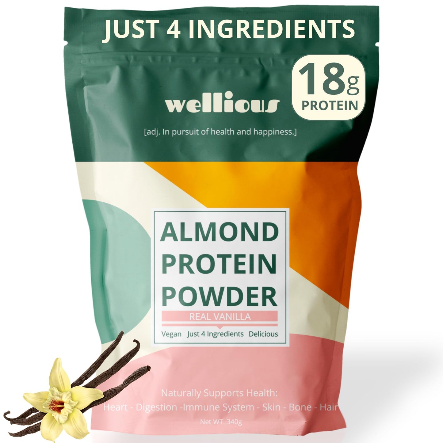 wellious Almond Protein Powder (Vanilla) - 18 Grams of Pure Healthiest Vegan Protein for Women & Men - Perfect Soy-Free & Smooth Gut Friendly Protein Powder for Sports Nutrition - Maple Wellness Supplements