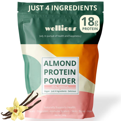 wellious Almond Protein Powder (Vanilla) - 18 Grams of Pure Healthiest Vegan Protein for Women & Men - Perfect Soy-Free & Smooth Gut Friendly Protein Powder for Sports Nutrition - Maple Wellness Supplements
