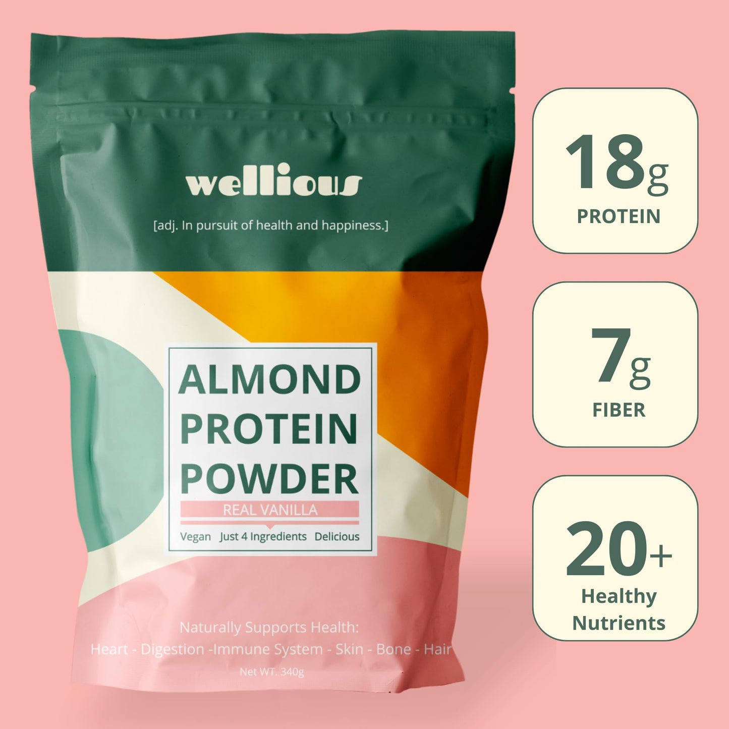 wellious Almond Protein Powder (Vanilla) - 18 Grams of Pure Healthiest Vegan Protein for Women & Men - Perfect Soy-Free & Smooth Gut Friendly Protein Powder for Sports Nutrition - Maple Wellness Supplements