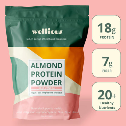 wellious Almond Protein Powder (Vanilla) - 18 Grams of Pure Healthiest Vegan Protein for Women & Men - Perfect Soy-Free & Smooth Gut Friendly Protein Powder for Sports Nutrition - Maple Wellness Supplements