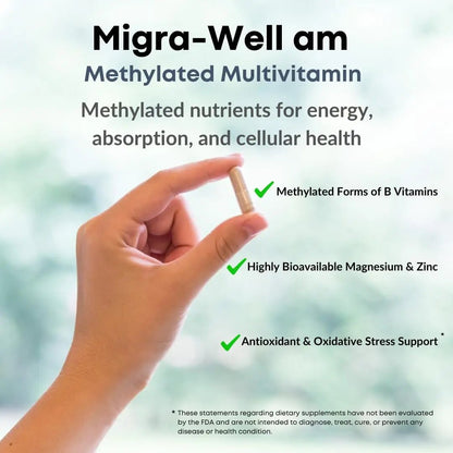 Wellkasa Migra-Well AM: Energizing Daily Methylated Multivitamin with Bioavailable Minerals & Antioxidants Supporting Brain - Maple Wellness Supplements