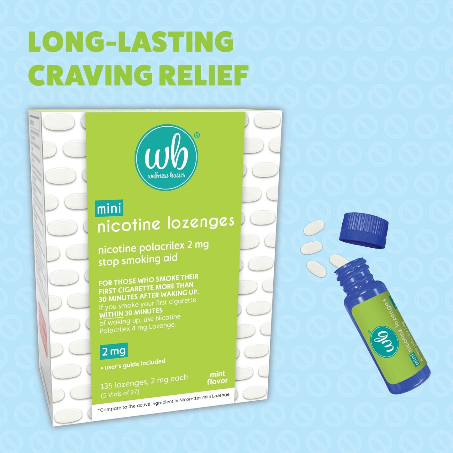 Wellness Basics Mini Nicotine Lozenge 2mg | Stop Smoking Aid | Mint Flavor | 135 Count | Pack of 5 Vials | Reduces Cravings & Withdrawal Symptoms - Maple Wellness Supplements