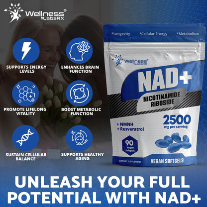 WELLNESS LABSRX NAD+ Supplement - Third-Party Tested NMNH Supplement Softgels, NAD Resveratrol 2500mg NAD Supplements for Anti-Aging, Longevity, and Cellular Health Support - Made in USA - Maple Wellness Supplements