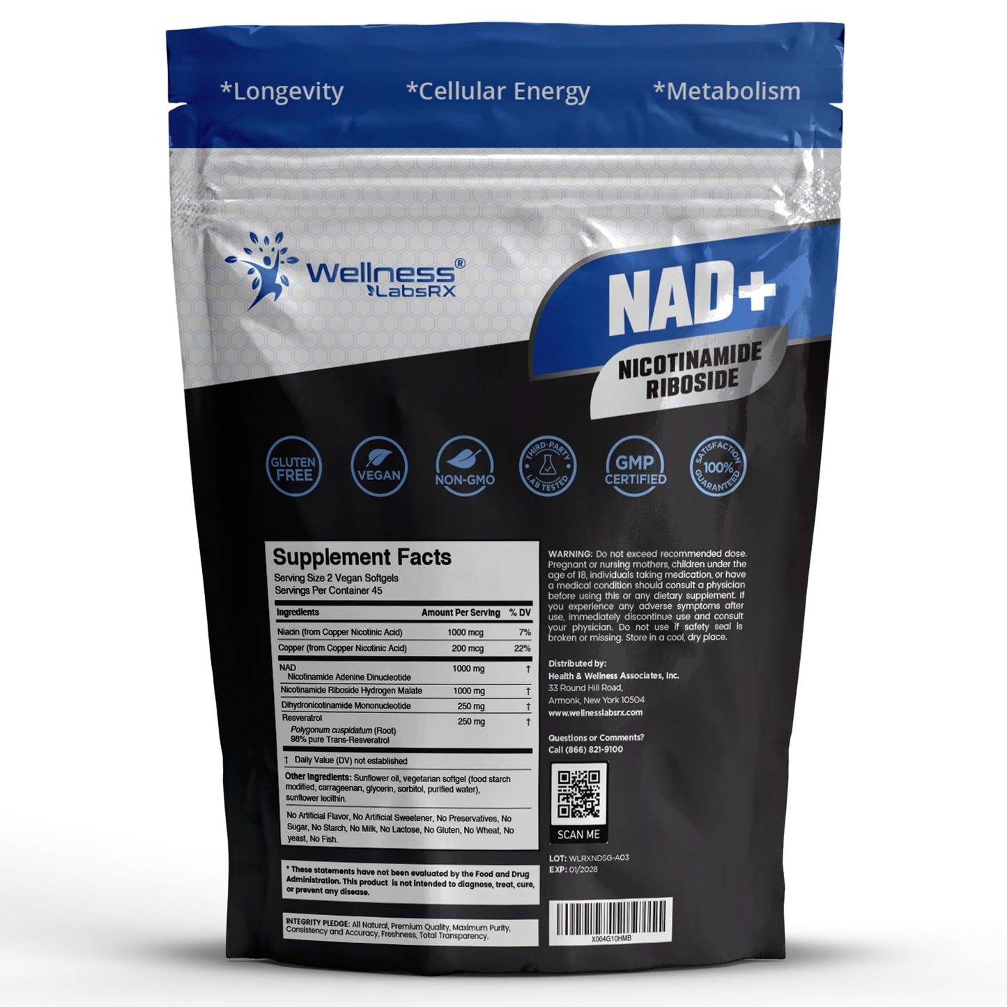 WELLNESS LABSRX NAD+ Supplement - Third-Party Tested NMNH Supplement Softgels, NAD Resveratrol 2500mg NAD Supplements for Anti-Aging, Longevity, and Cellular Health Support - Made in USA - Maple Wellness Supplements
