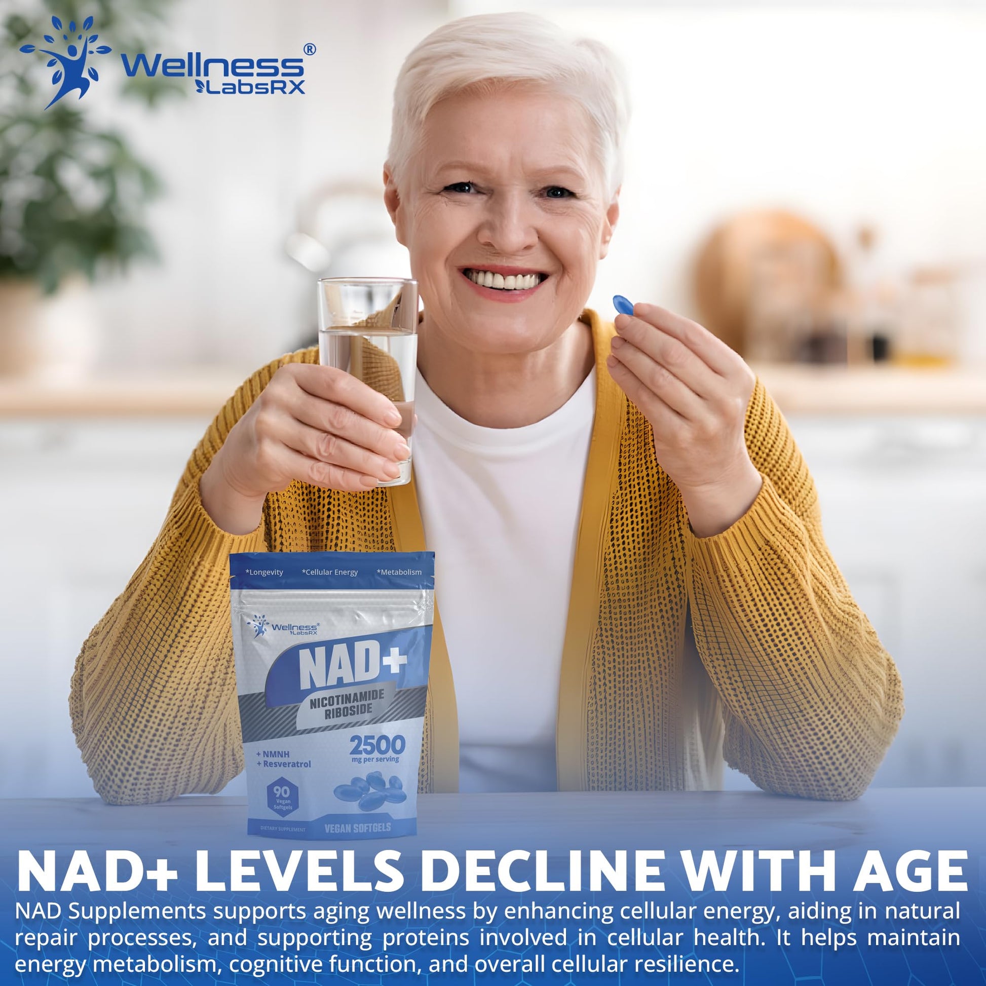 WELLNESS LABSRX NAD+ Supplement - Third-Party Tested NMNH Supplement Softgels, NAD Resveratrol 2500mg NAD Supplements for Anti-Aging, Longevity, and Cellular Health Support - Made in USA - Maple Wellness Supplements