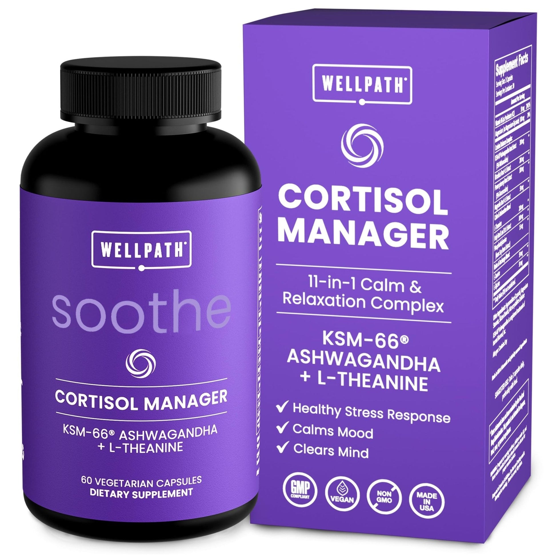 WellPath Soothe Cortisol Manager - Cortisol Supplements for Women with KSM-66® Ashwagandha & L-Theanine - Stress Support, Detox - 11-in-1 Complex, Vegan, Made in USA, Non-GMO, 60 Ct - Maple Wellness Supplements
