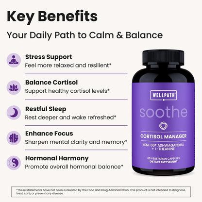 WellPath Soothe Cortisol Manager - Cortisol Supplements for Women with KSM-66® Ashwagandha & L-Theanine - Stress Support, Detox - 11-in-1 Complex, Vegan, Made in USA, Non-GMO, 60 Ct - Maple Wellness Supplements