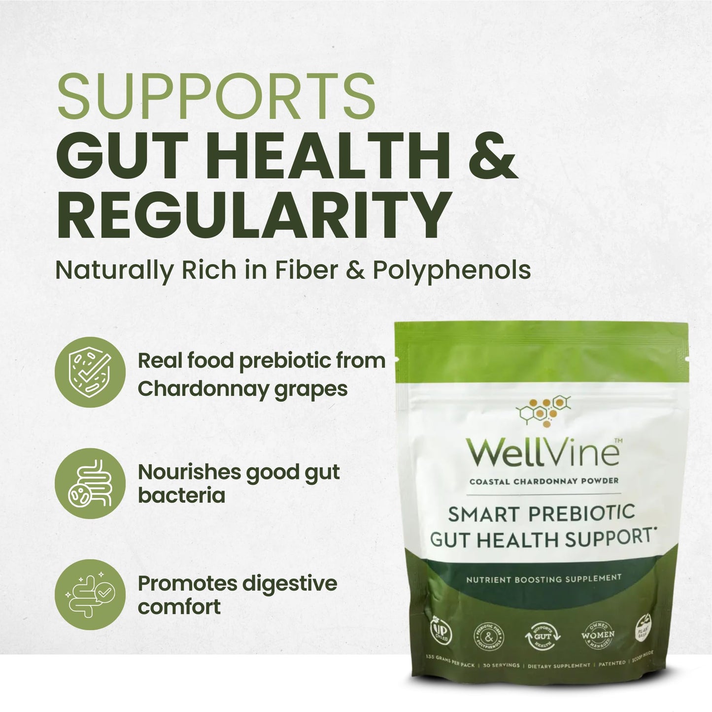 WellVine Premium Smart Prebiotic Gut Health Supplement Powder for Men & Women | Digestive Support & Gut Health With 100% Upcycled Chardonnay Grapes | Plant-Based - Maple Wellness Supplements