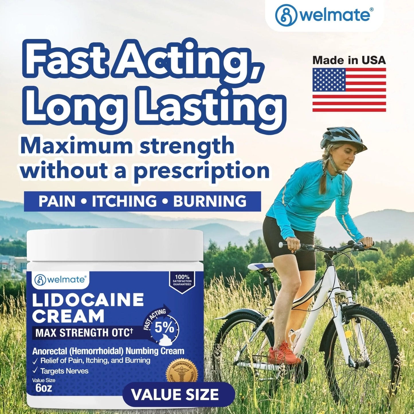 WELMATE 5% Lidocaine Cream for Hemorrhoids, 6 oz Jar – Fast-Acting Lidocaine Numbing Cream & Topical Analgesic Cream for Anorectal Itch Relief - Maple Wellness Supplements
