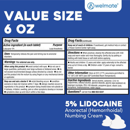 WELMATE 5% Lidocaine Cream for Hemorrhoids, 6 oz Jar – Fast-Acting Lidocaine Numbing Cream & Topical Analgesic Cream for Anorectal Itch Relief - Maple Wellness Supplements