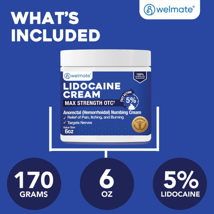 WELMATE 5% Lidocaine Cream for Hemorrhoids, 6 oz Jar – Fast-Acting Lidocaine Numbing Cream & Topical Analgesic Cream for Anorectal Itch Relief - Maple Wellness Supplements