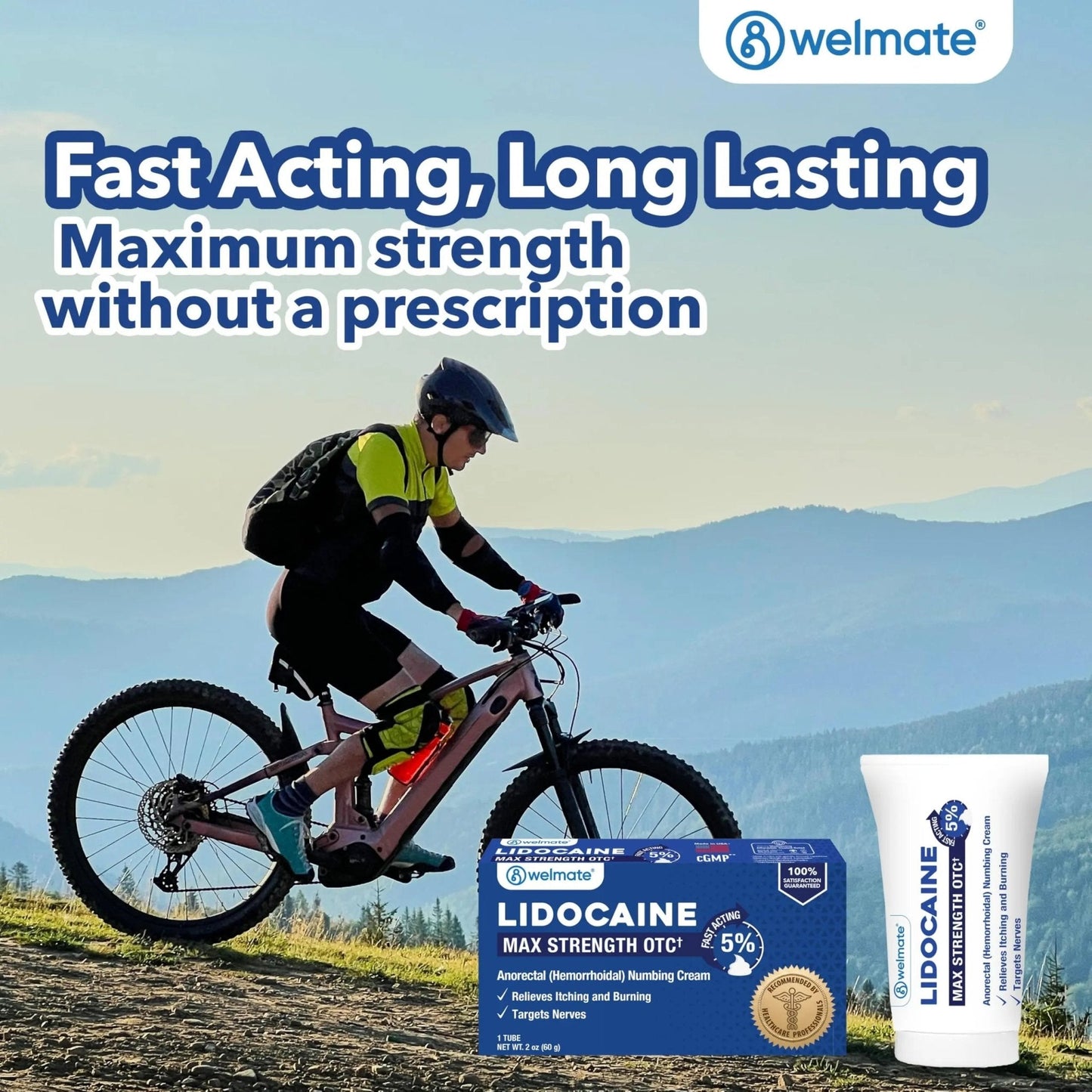 WELMATE 5% Lidocaine Cream for Hemorrhoids – Fast-Acting Lidocaine Numbing Cream & Topical Analgesic Cream for Anorectal Itch Relief, Unscented, Child Resistant Packaging 2 oz (60g) - Maple Wellness Supplements