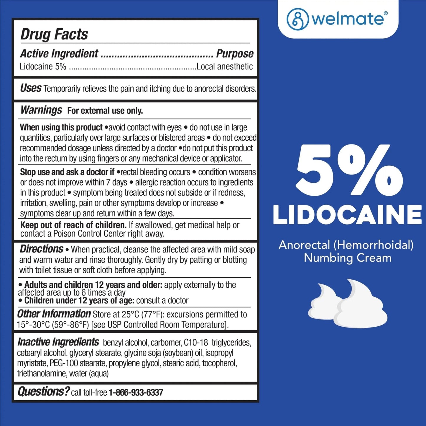 WELMATE 5% Lidocaine Cream for Hemorrhoids – Fast-Acting Lidocaine Numbing Cream & Topical Analgesic Cream for Anorectal Itch Relief, Unscented, Child Resistant Packaging 2 oz (60g) - Maple Wellness Supplements