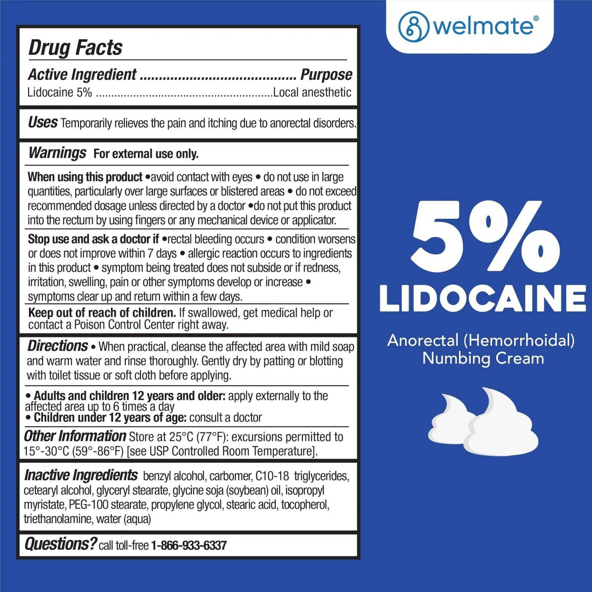 WELMATE 5% Lidocaine Cream for Hemorrhoids – Fast-Acting Lidocaine Numbing Cream & Topical Analgesic Cream for Anorectal Itch Relief, Unscented, Child Resistant Packaging 2 oz (60g) - Maple Wellness Supplements