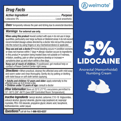 WELMATE 5% Lidocaine Cream for Hemorrhoids – Fast-Acting Lidocaine Numbing Cream & Topical Analgesic Cream for Anorectal Itch Relief, Unscented, Child Resistant Packaging 2 oz (60g) - Maple Wellness Supplements