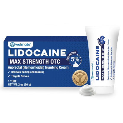 WELMATE 5% Lidocaine Cream for Hemorrhoids – Fast-Acting Lidocaine Numbing Cream & Topical Analgesic Cream for Anorectal Itch Relief, Unscented, Child Resistant Packaging 2 oz (60g) - Maple Wellness Supplements