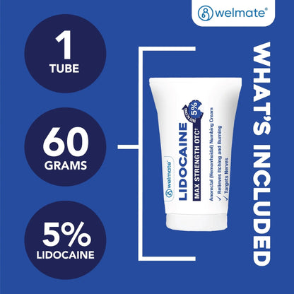 WELMATE 5% Lidocaine Cream for Hemorrhoids – Fast-Acting Lidocaine Numbing Cream & Topical Analgesic Cream for Anorectal Itch Relief, Unscented, Child Resistant Packaging 2 oz (60g) - Maple Wellness Supplements