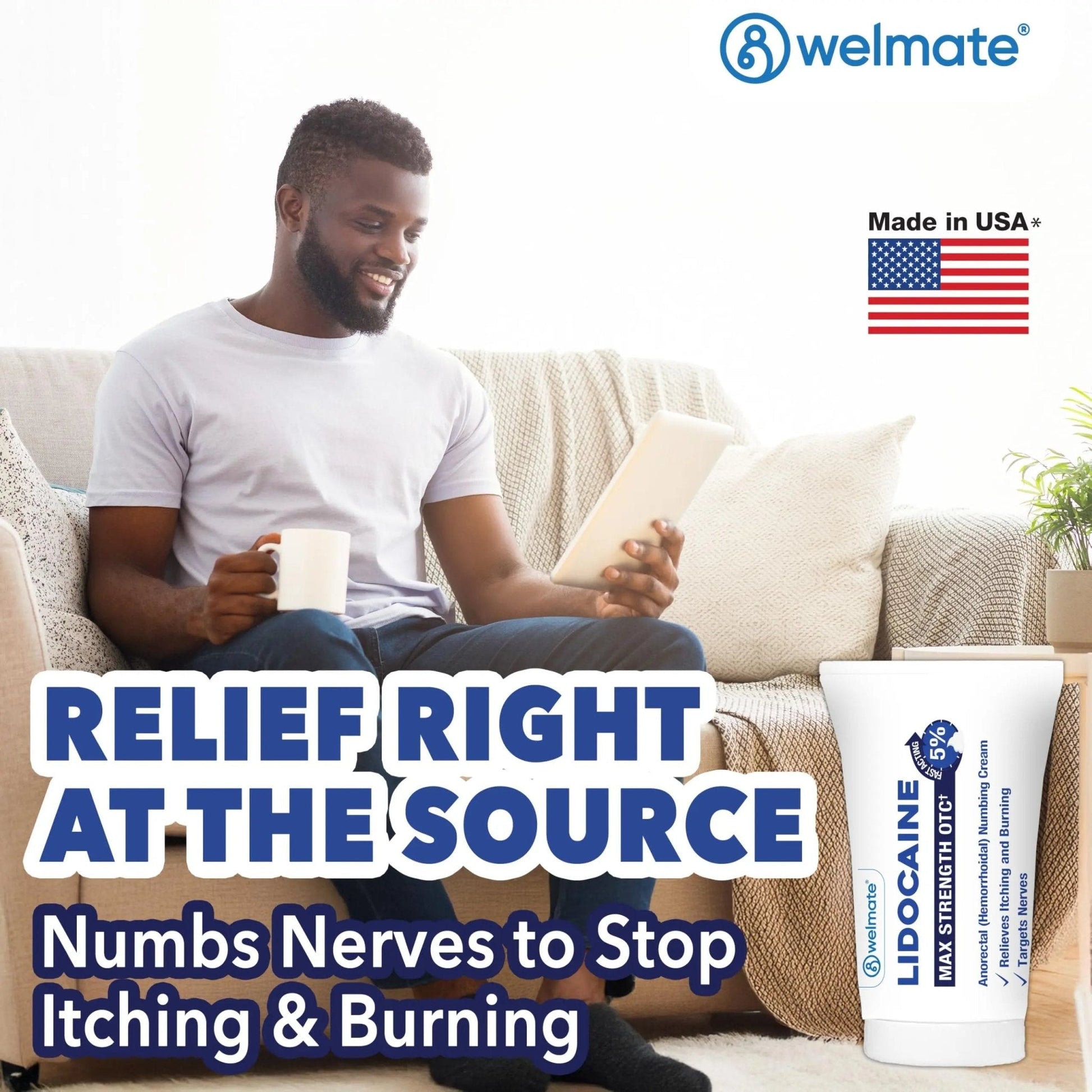 WELMATE 5% Lidocaine Cream for Hemorrhoids – Fast-Acting Lidocaine Numbing Cream & Topical Analgesic Cream for Anorectal Itch Relief, Unscented, Child Resistant Packaging 2 oz (60g) - Maple Wellness Supplements