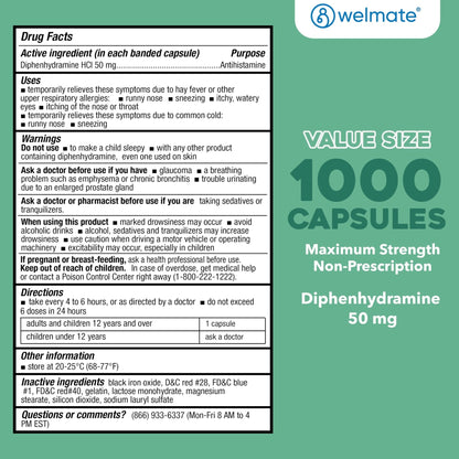 WELMATE Allergy Relief - Diphenhydramine 50 mg - 1000 Count Capsules - Antihistamine - Allergy & Cold Symptoms - Sneezing, Runny Nose, Itchy Eyes & Throat - Maple Wellness Supplements