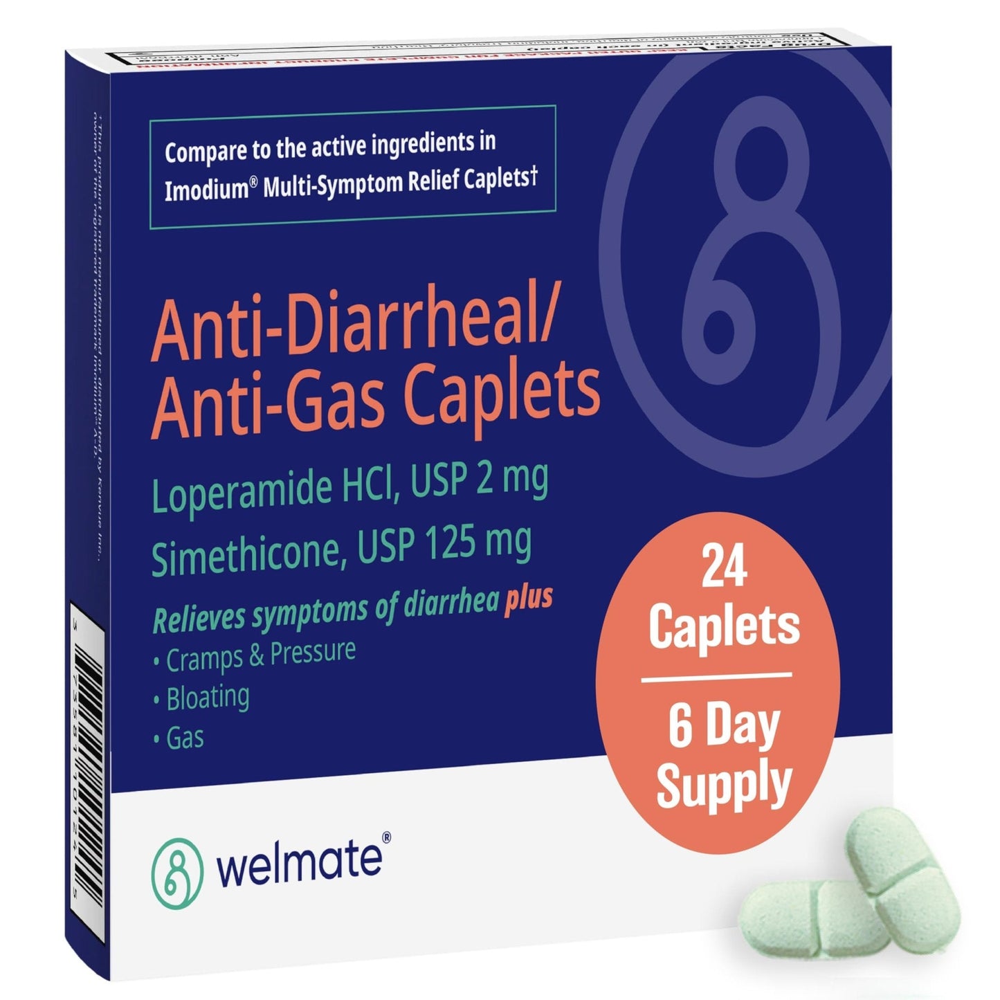 WELMATE - Anti-Diarrheal/Anti-Gas Caplets (24 Count) - Diarrhea, Gas, Bloating, Cramps - Loperamide HCl 2mg & Simethicone 125mg - OTC Medication - Maple Wellness Supplements