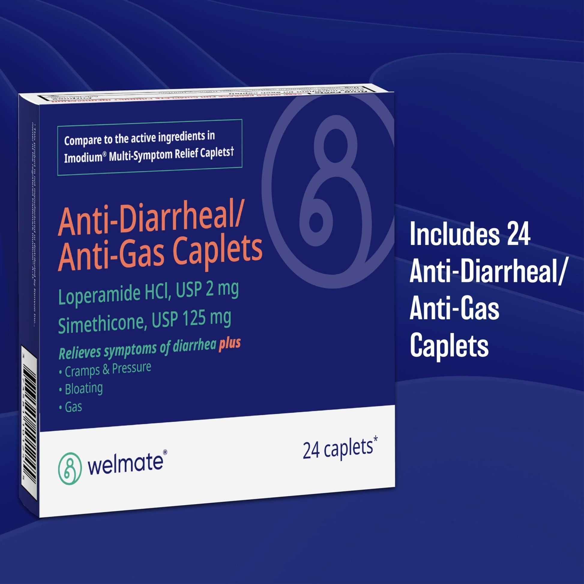WELMATE - Anti-Diarrheal/Anti-Gas Caplets (24 Count) - Diarrhea, Gas, Bloating, Cramps - Loperamide HCl 2mg & Simethicone 125mg - OTC Medication - Maple Wellness Supplements