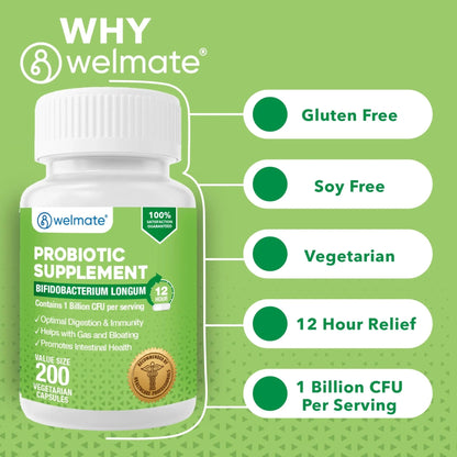 WELMATE Bifidobacterium - Probiotic Supplement - Supports Gut Health - Immune Support - Digestive Enzymes - Gluten Free - Vegan - Men & Womens Probiotic - Value Size - 200 Count - Maple Wellness Supplements