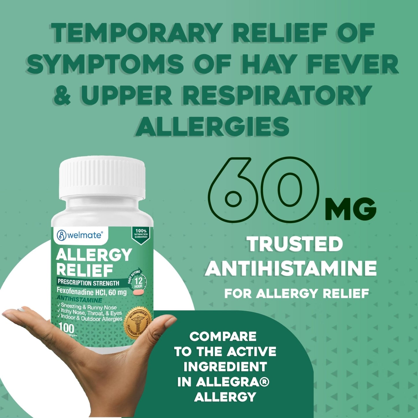WELMATE - Fexofenadine Hydrochloride 60mg (100 Tablets) - Non Drowsy Allergy Medicine - 12 Hours - Antihistamine - Nose, Eyes, Throat - Generic Allergy Pills - Gluten Free, Over-the-Counter Medication - Maple Wellness Supplements