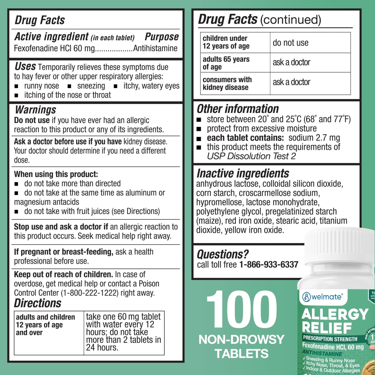 WELMATE - Fexofenadine Hydrochloride 60mg (100 Tablets) - Non Drowsy Allergy Medicine - 12 Hours - Antihistamine - Nose, Eyes, Throat - Generic Allergy Pills - Gluten Free, Over-the-Counter Medication - Maple Wellness Supplements