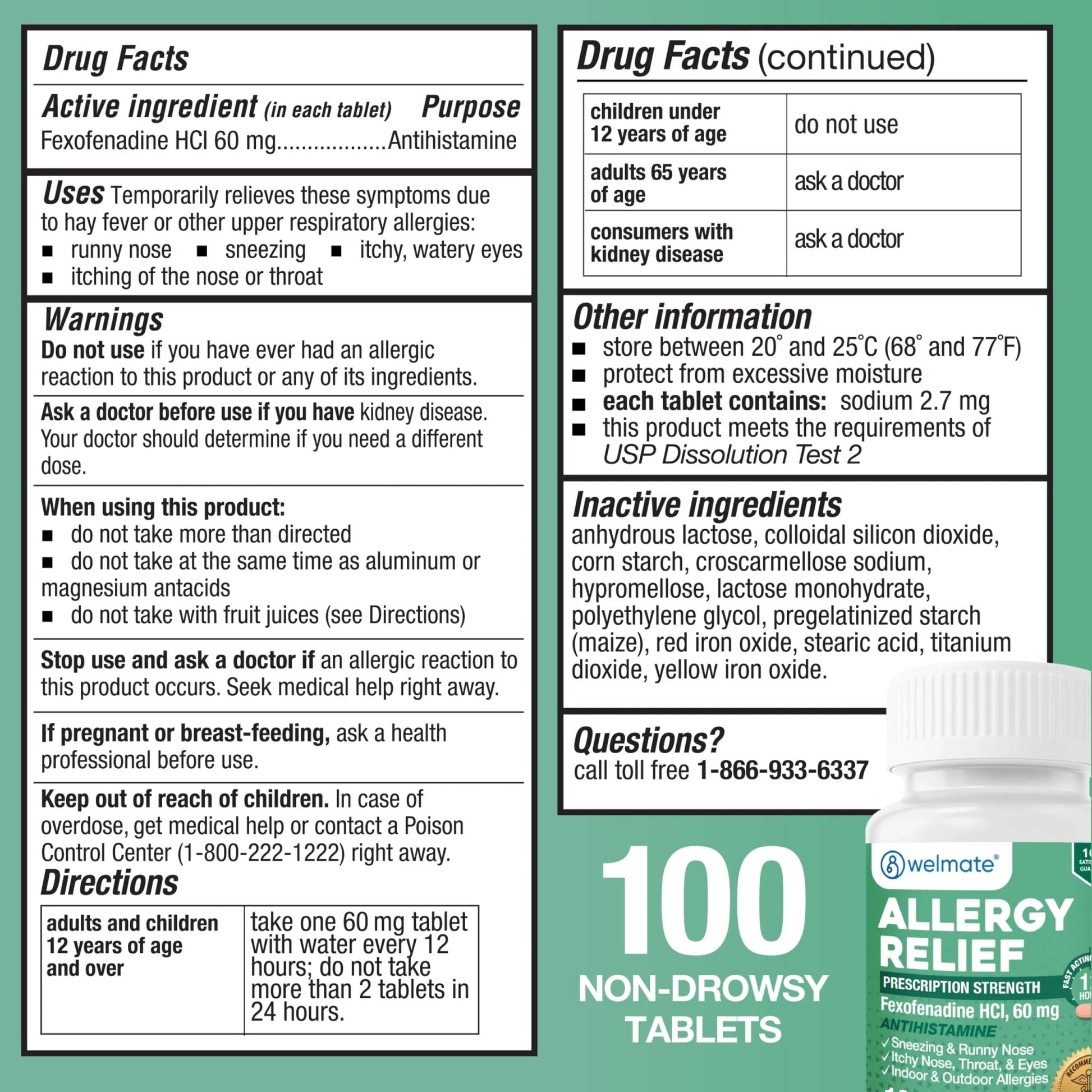 WELMATE - Fexofenadine Hydrochloride 60mg (100 Tablets) - Non Drowsy Allergy Medicine - 12 Hours - Antihistamine - Nose, Eyes, Throat - Generic Allergy Pills - Gluten Free, Over-the-Counter Medication - Maple Wellness Supplements