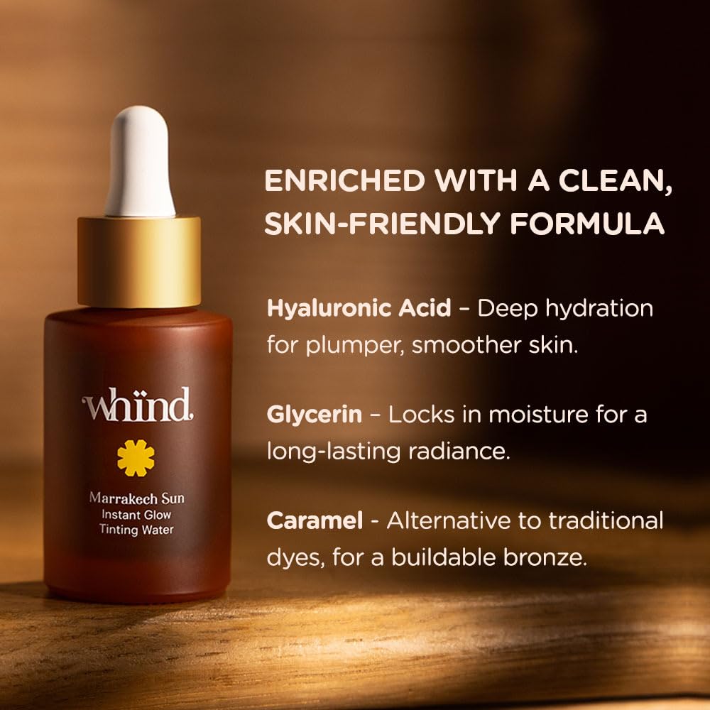 WHIND Marrakech Sun Instant Glow Tinting Water- Self Tanner Face Drops –Bronzing for Face –Lightweight Tanner/Natural Tan- Streak-Free Glow – Tan Drops for Radiant Skin - 1oz / 30ml - Maple Wellness Supplements