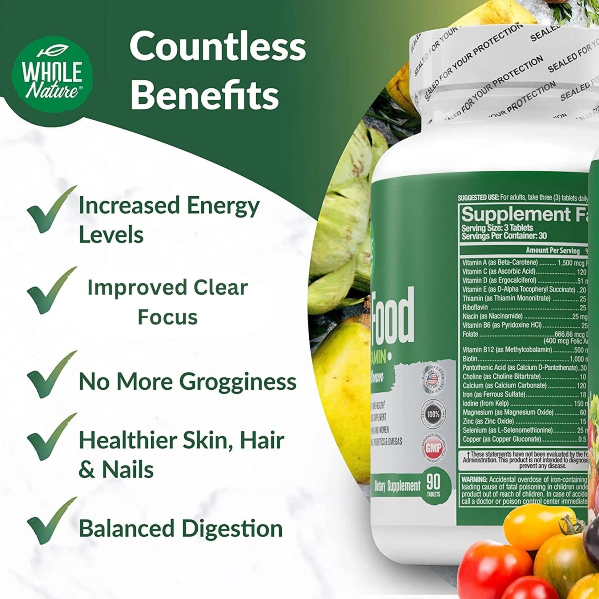 Whole Nature Whole Food Multivitamin for Men and Women Complete Daily Superfood Vitamins Plus Minerals Digestive Enzymes - Maple Wellness Supplements