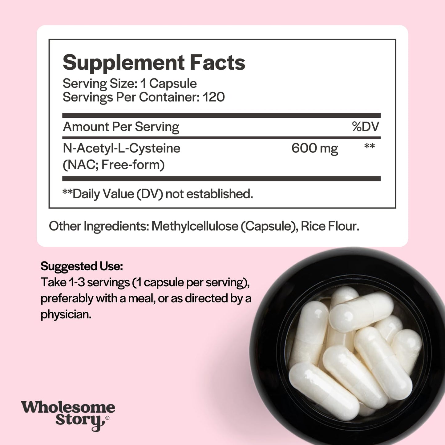 Wholesome Story NAC Supplement N Acetyl Cysteine 600 mg | Liver, Lung & Fertility Support | 120 Capsules | 120 Serving Supply - Maple Wellness Supplements