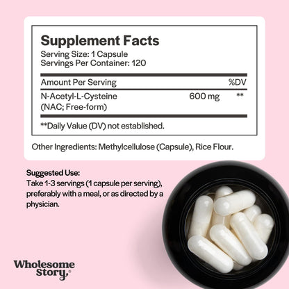 Wholesome Story NAC Supplement N Acetyl Cysteine 600 mg | Liver, Lung & Fertility Support | 120 Capsules | 120 Serving Supply - Maple Wellness Supplements