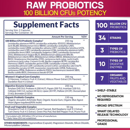 Wholesome Wellness Dr. Formulated Raw Probiotics for Women 100 Billion CFUs Capsules with Prebiotics, Digestive Enzymes - Maple Wellness Supplements