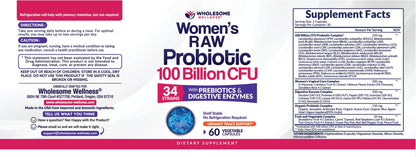 Wholesome Wellness Dr. Formulated Raw Probiotics for Women 100 Billion CFUs Capsules with Prebiotics, Digestive Enzymes - Maple Wellness Supplements