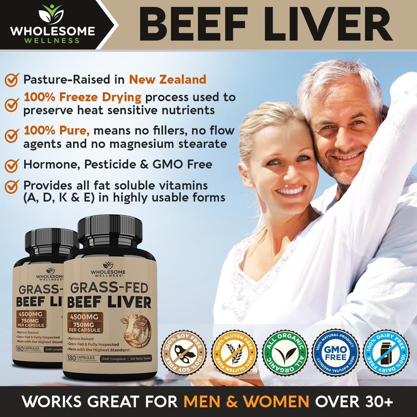 Wholesome Wellness Grass Fed Desiccated Beef Liver Capsules (180 Pills, 750mg Each) - Natural Iron, Vitamin A, B12 for Energy - Raised Undefatted in New Zealand - Maple Wellness Supplements