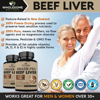 Wholesome Wellness Grass Fed Desiccated Beef Liver Capsules (180 Pills, 750mg Each) - Natural Iron, Vitamin A, B12 for Energy - Raised Undefatted in New Zealand - Maple Wellness Supplements