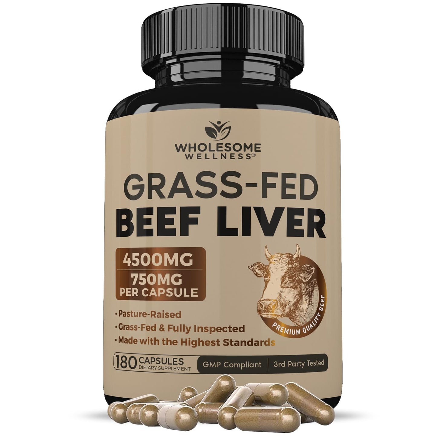 Wholesome Wellness Grass Fed Desiccated Beef Liver Capsules (180 Pills, 750mg Each) - Natural Iron, Vitamin A, B12 for Energy - Raised Undefatted in New Zealand - Maple Wellness Supplements