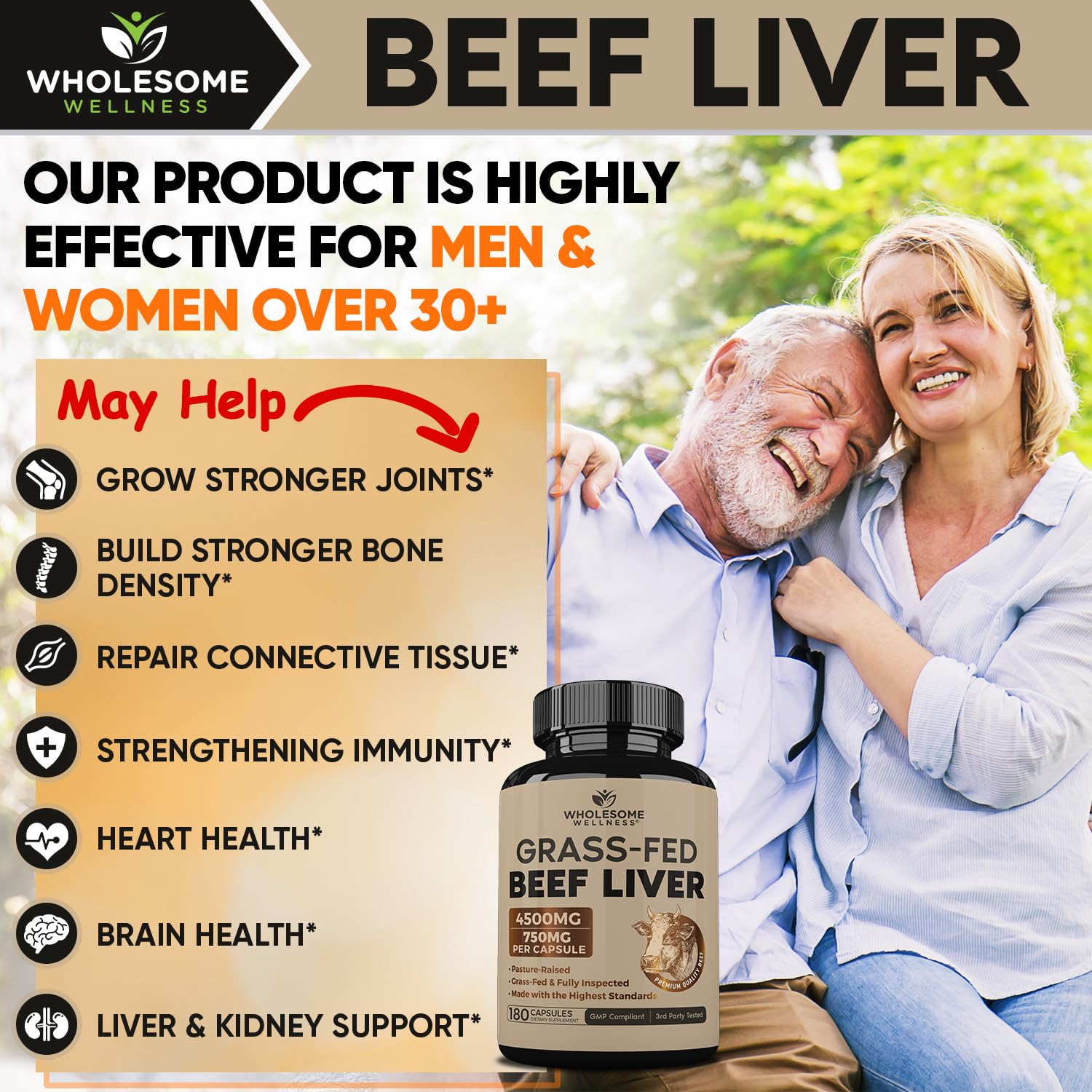 Wholesome Wellness Grass Fed Desiccated Beef Liver Capsules (180 Pills, 750mg Each) - Natural Iron, Vitamin A, B12 for Energy - Raised Undefatted in New Zealand - Maple Wellness Supplements