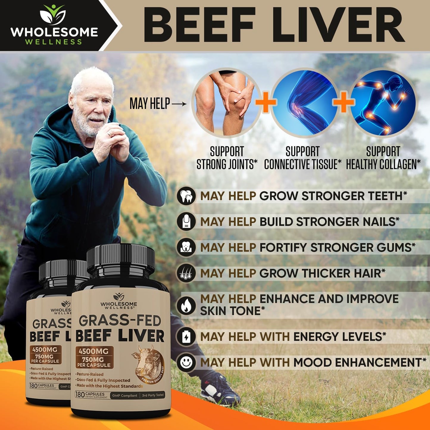 Wholesome Wellness Grass Fed Desiccated Beef Liver Capsules (180 Pills, 750mg Each) - Natural Iron, Vitamin A, B12 for Energy - Raised Undefatted in New Zealand - Maple Wellness Supplements